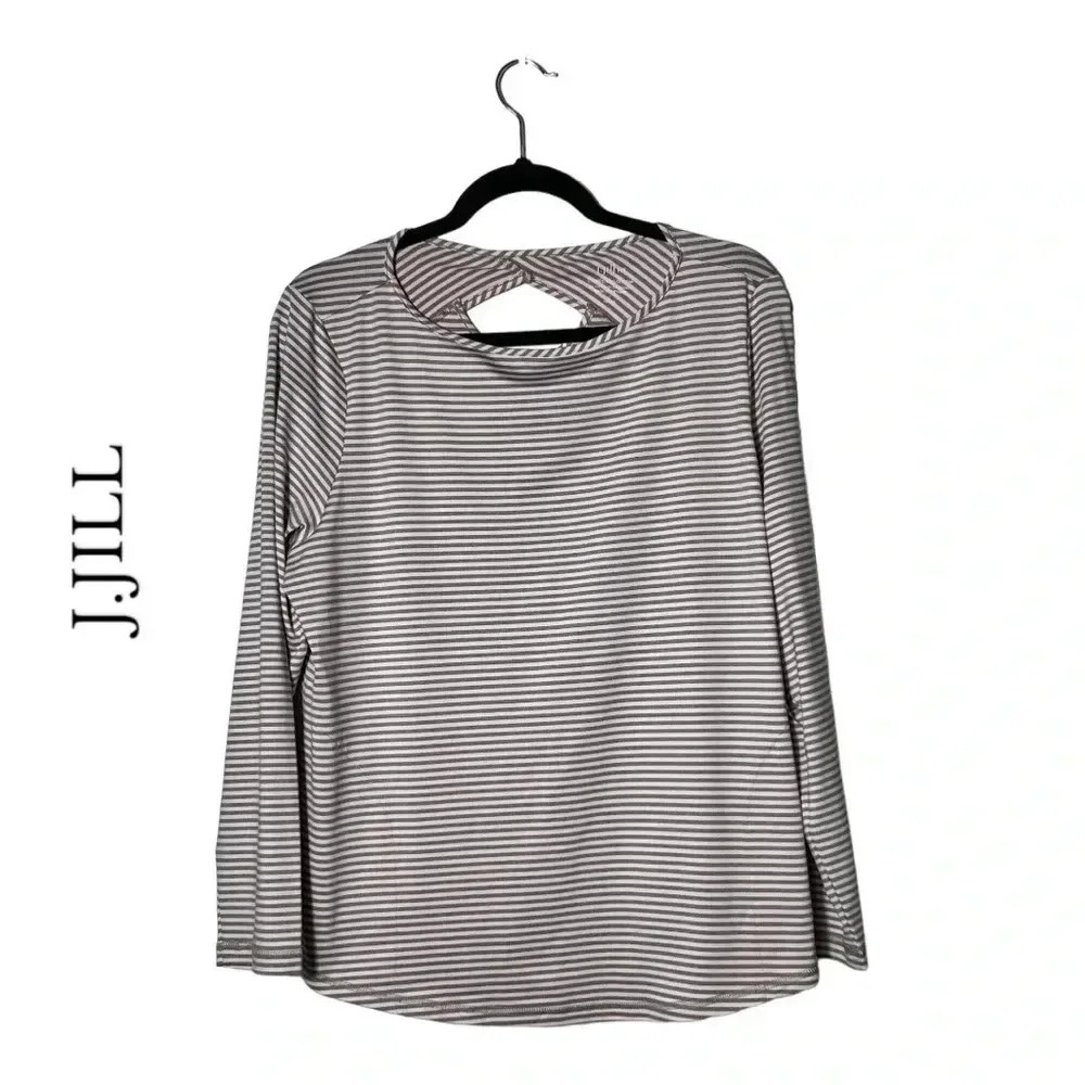 1930. J.JILL FIT LONG SLEEVES STRIPED PATTERN TOP SIZE LARGE PETITE CRISS CROSS